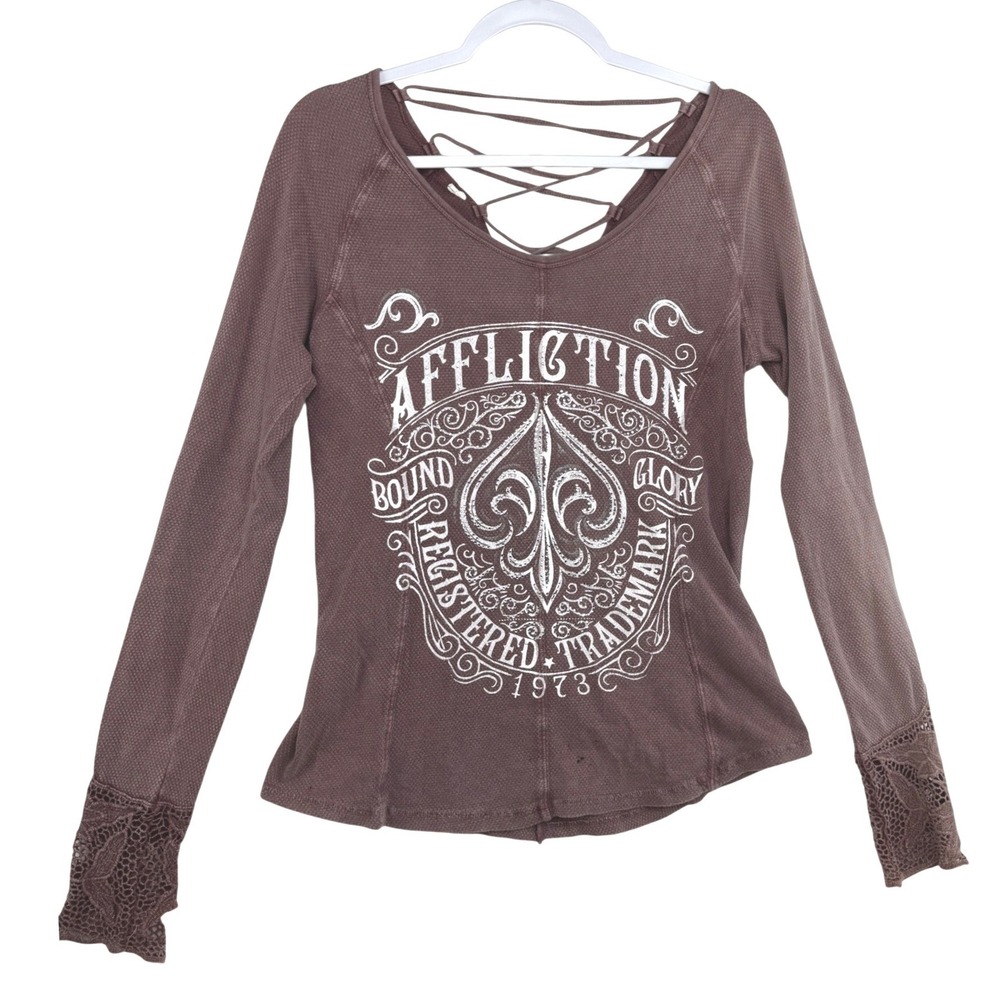 Affliction Waffle Knit Long Sleeve Top Strappy‎ Lace Up Back Dusty Rose L Slim